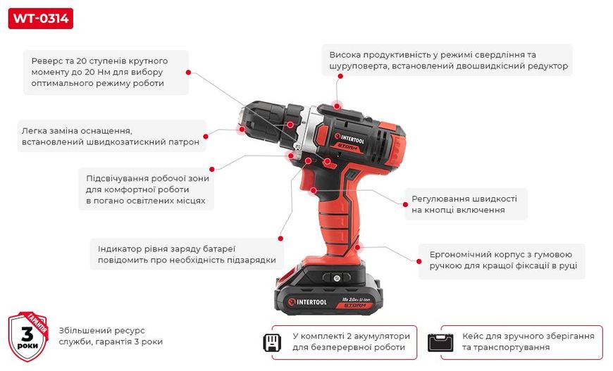 Дриль-шурупокрут акумуляторний Li-Ion 18 В, 25 Nm, 0-400/0-1500 об/хв., 2*2.0 Аг INTERTOOL WT-0314 фото