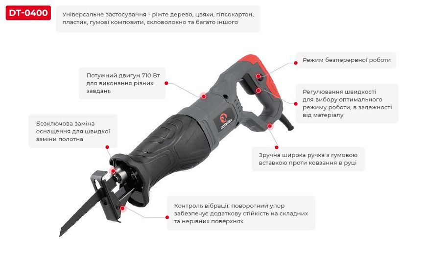 Сабельная пила 710 Вт, 0-2800 об/мин, макс. рез 115 мм, ход пилки 20 мм INTERTOOL DT-0400 фото